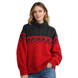 Handmade Chunky Knit Sweater Wool Blend Red Black Oversized